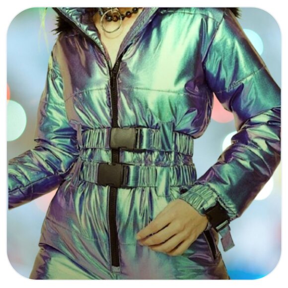 Club Exx Dolls Kill Snow Suit Women Small Ski Aurora Beam Holographic Iridescent - Picture 3 of 8